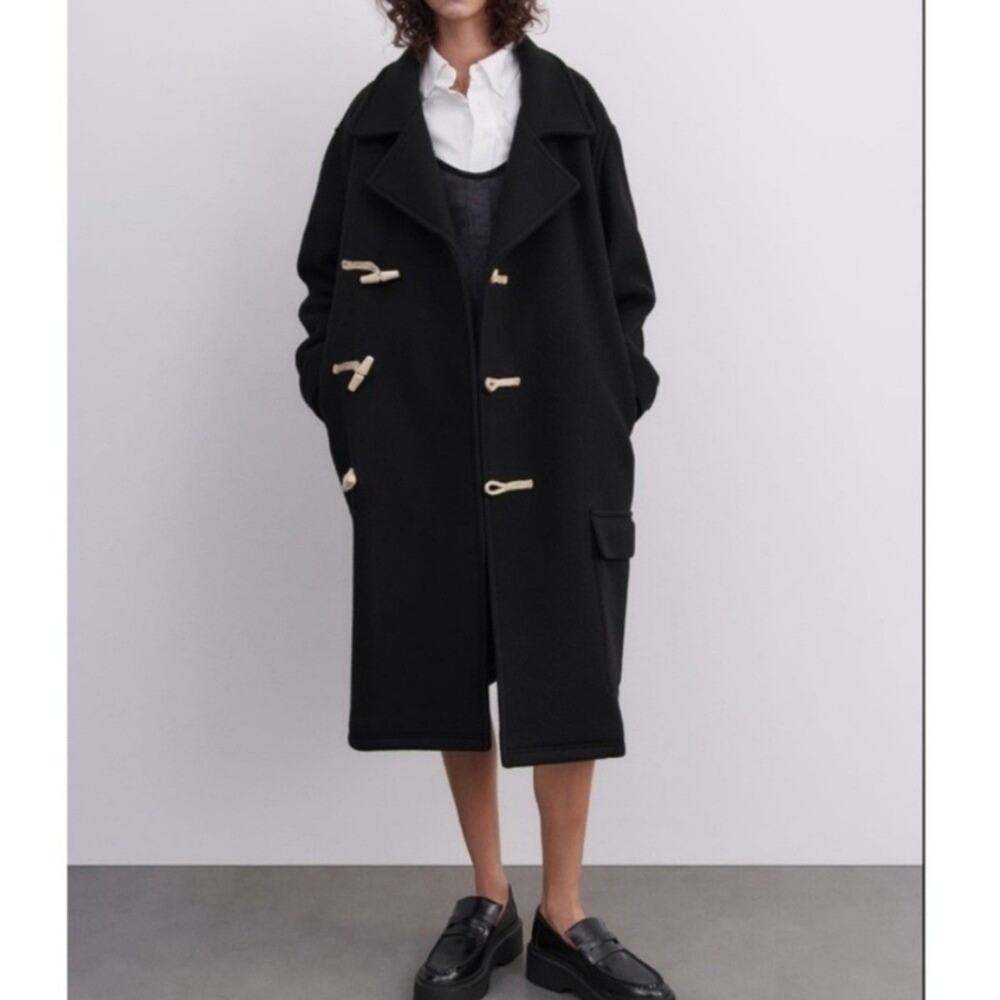 ZARA Black Wool Toggle Coat ZW Limited Edition Blogger Favorite Size Large New